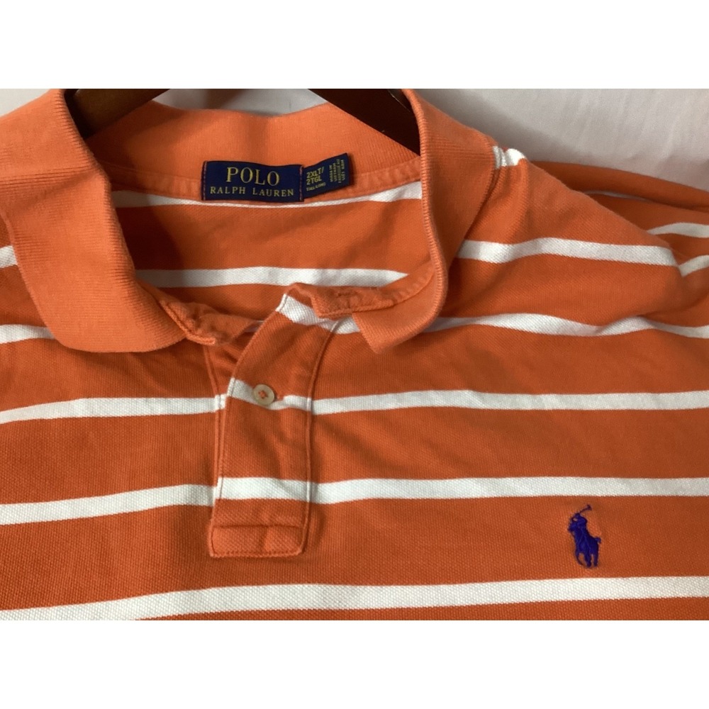 Polo‎ Ralph Lauren Mens Polo Shirt Orange White Striped Short Sleeve Casual Top - Picture 10 of 15